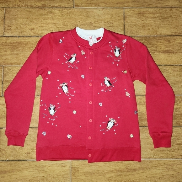 Quacker Factory Red Vintage Christmas Embroided Pingouins Cardigan Sweater S - Picture 10 of 11